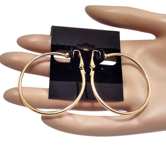 1 5/8" Plain Hoops Clip On Earrings 41mm Gold Plated 2mm Tube Round Smooth - Picture 5 of 5